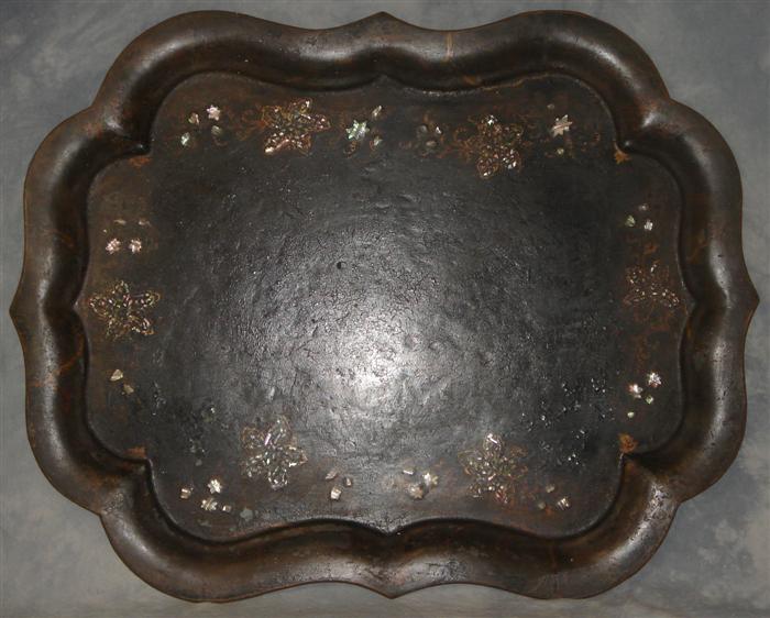 Appraisal: Tole tray with MOP inlay and painted decoration some losses