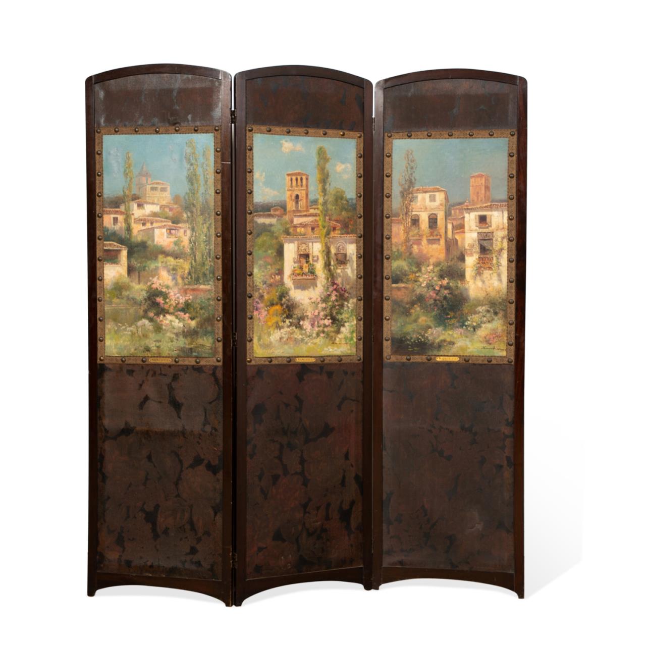 Appraisal: EDUARDO SANCHEZ SOLA THREE PANEL FLOOR SCREEN Three panel folding