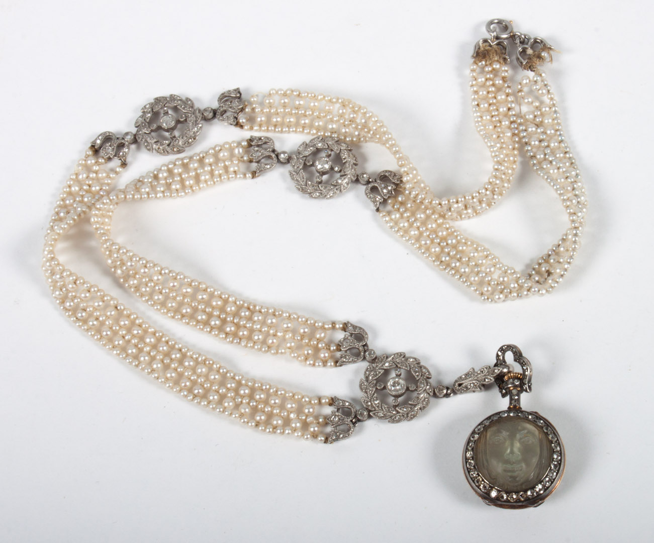 Appraisal: Continental seed pearl diamond necklace with pendant watch comprising a