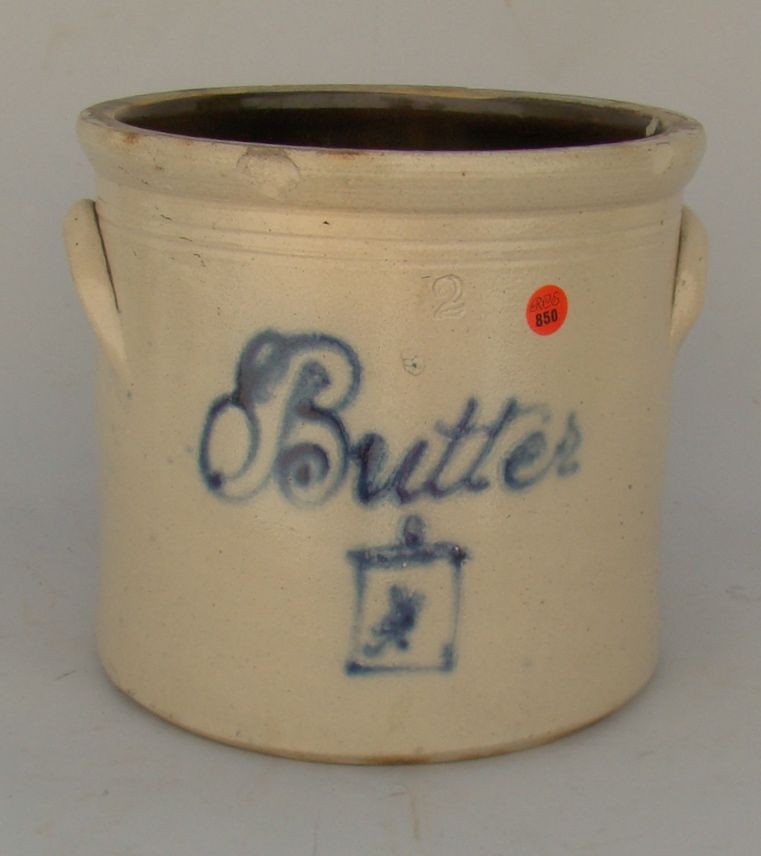 Appraisal: TWO-GALLON STONEWARE CROCK With cobalt blue decoration of Butter with