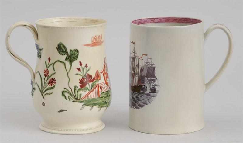 Appraisal: ENGLISH CREAMWARE BALUSTER-FORM MUG AND A TRANSFER-PRINTED MUG The one