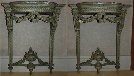 Appraisal: Pair of Louis XVI Style Marble Top Green Painted Consoles