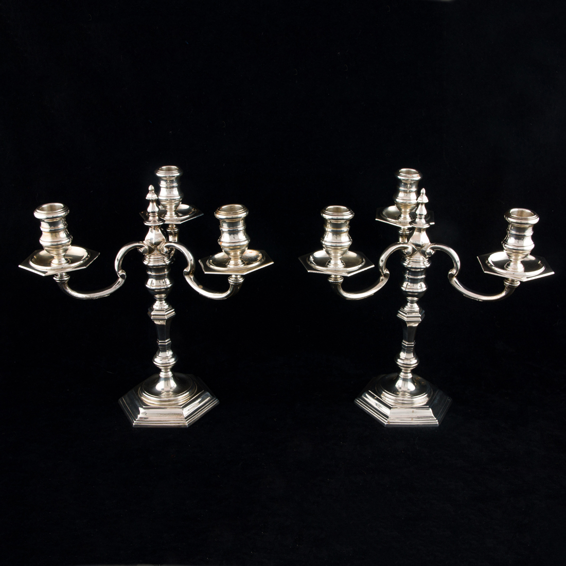 Appraisal: A PAIR ELIZABETH II STERLING THREE LIGHT CANDELABRA RICHARD COMYNS