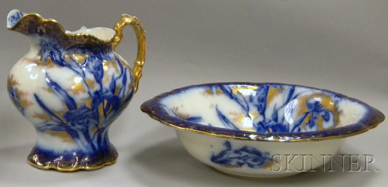 Appraisal: English Art Nouveau Gilt and Flow Blue Iris-decorated Ceramic Chamber