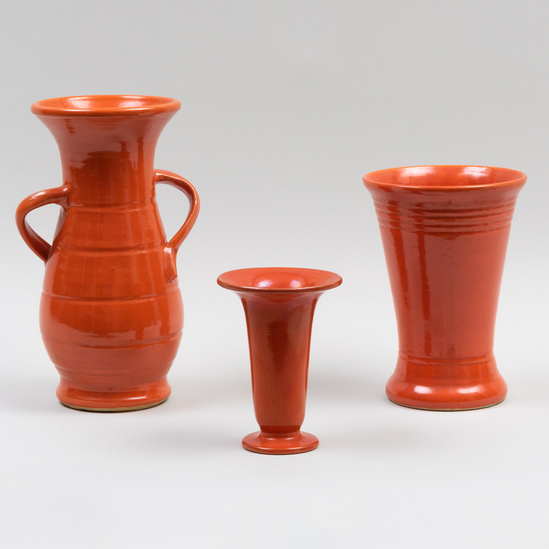 Appraisal: Group of Three Orange Glazed Vases The two Catalina vases