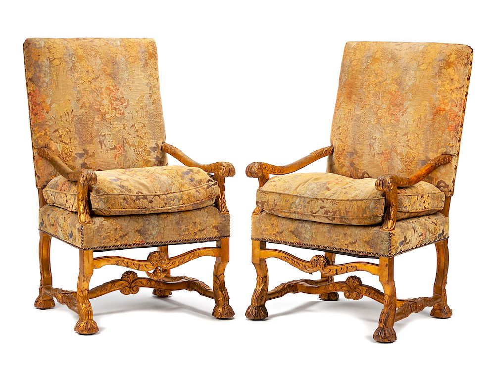 Appraisal: A Pair of French Renaissance Revival Carved Giltwood Armchairs A