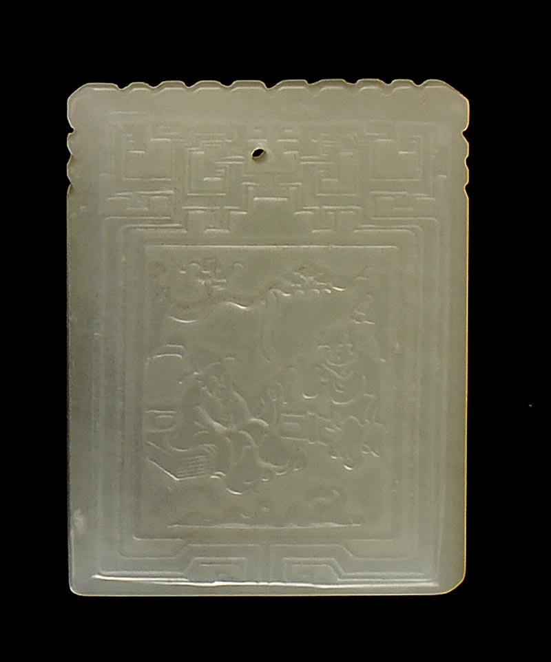 Appraisal: WHITE JADE PENDANT th CenturyIn rectangular form Carved on one