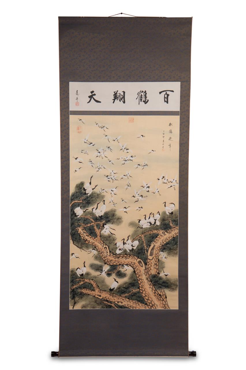 Appraisal: CHINESE PAINTED SCROLL THOUSAND CRANES Chinese painted scroll Thousand Cranes