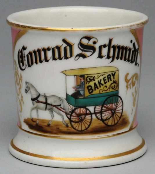 Appraisal: Horse-Drawn Bakery Wagon Shaving Mug Name Conrad Schmidt in black