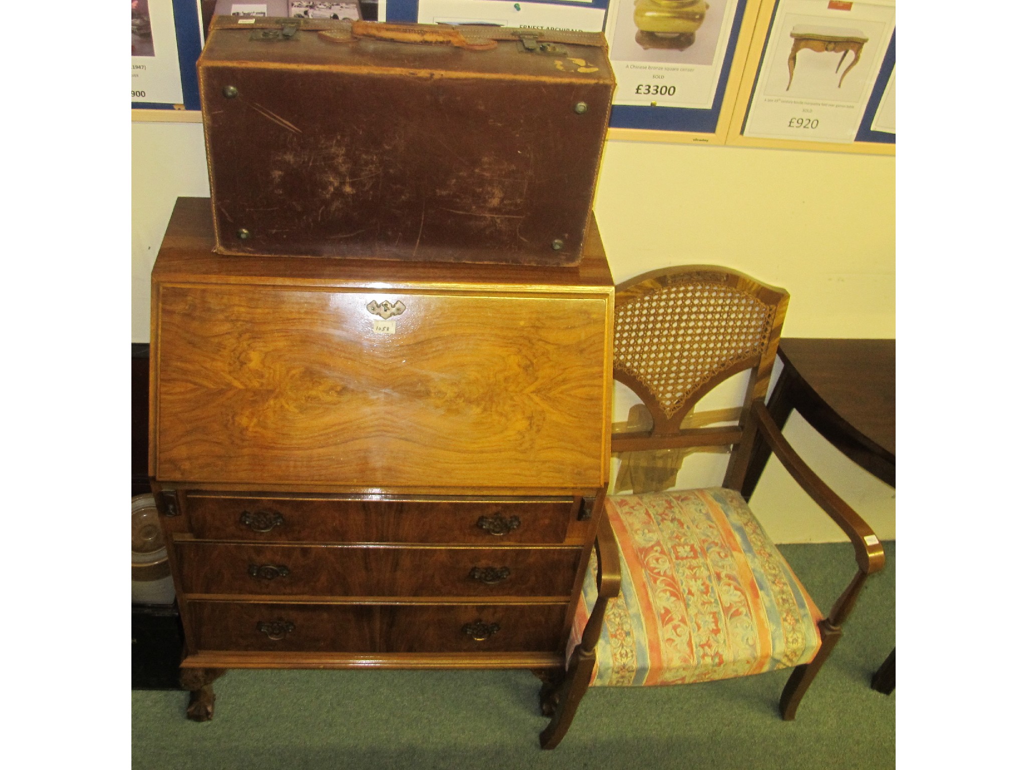 Appraisal: Walnut bureau cane chair and a leather travel case