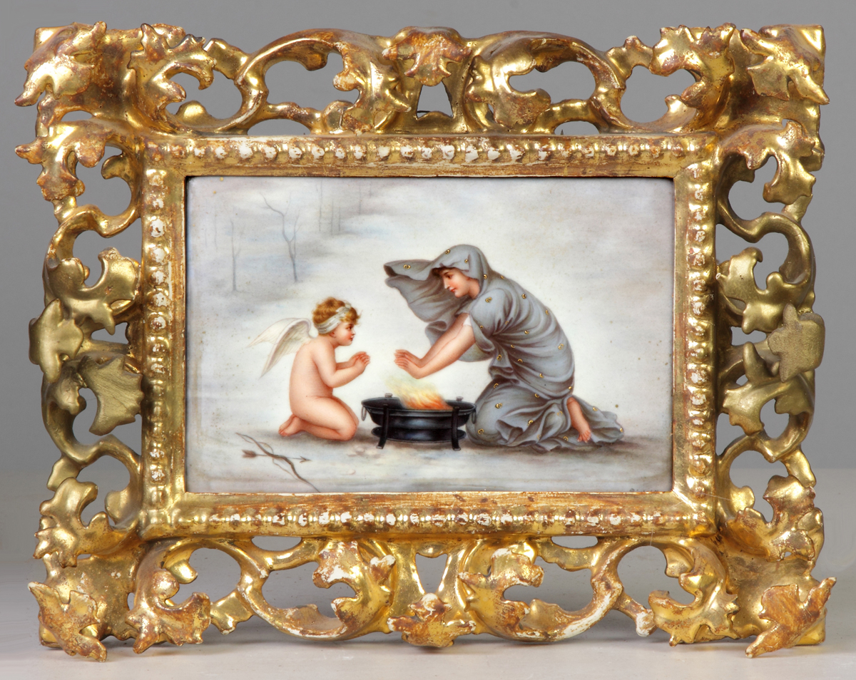 Appraisal: Painting on porcelain of cupid woman L'hiver Winter th cent