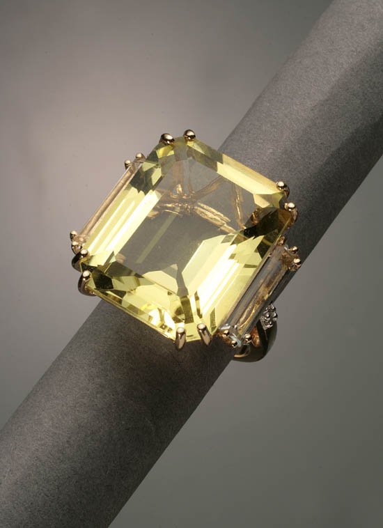 Appraisal: -Karat Yellow-Gold Citrine Quartz and Diamond Dinner Ring The six-prong