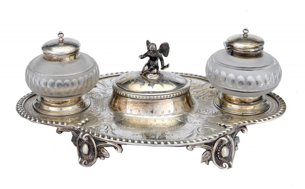 Appraisal: A VICTORIAN INKSTAND of lobed and gadrooned oval shape and