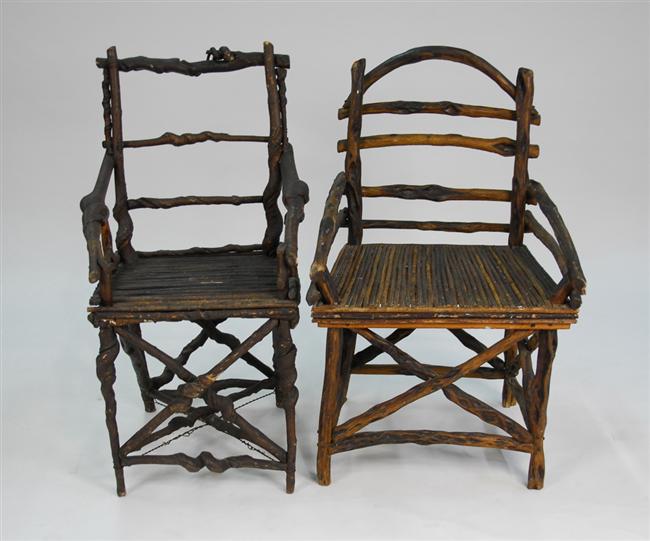 Appraisal: TWO ADIRONDACK CARVED ROOT CHAIRS one possibly dated