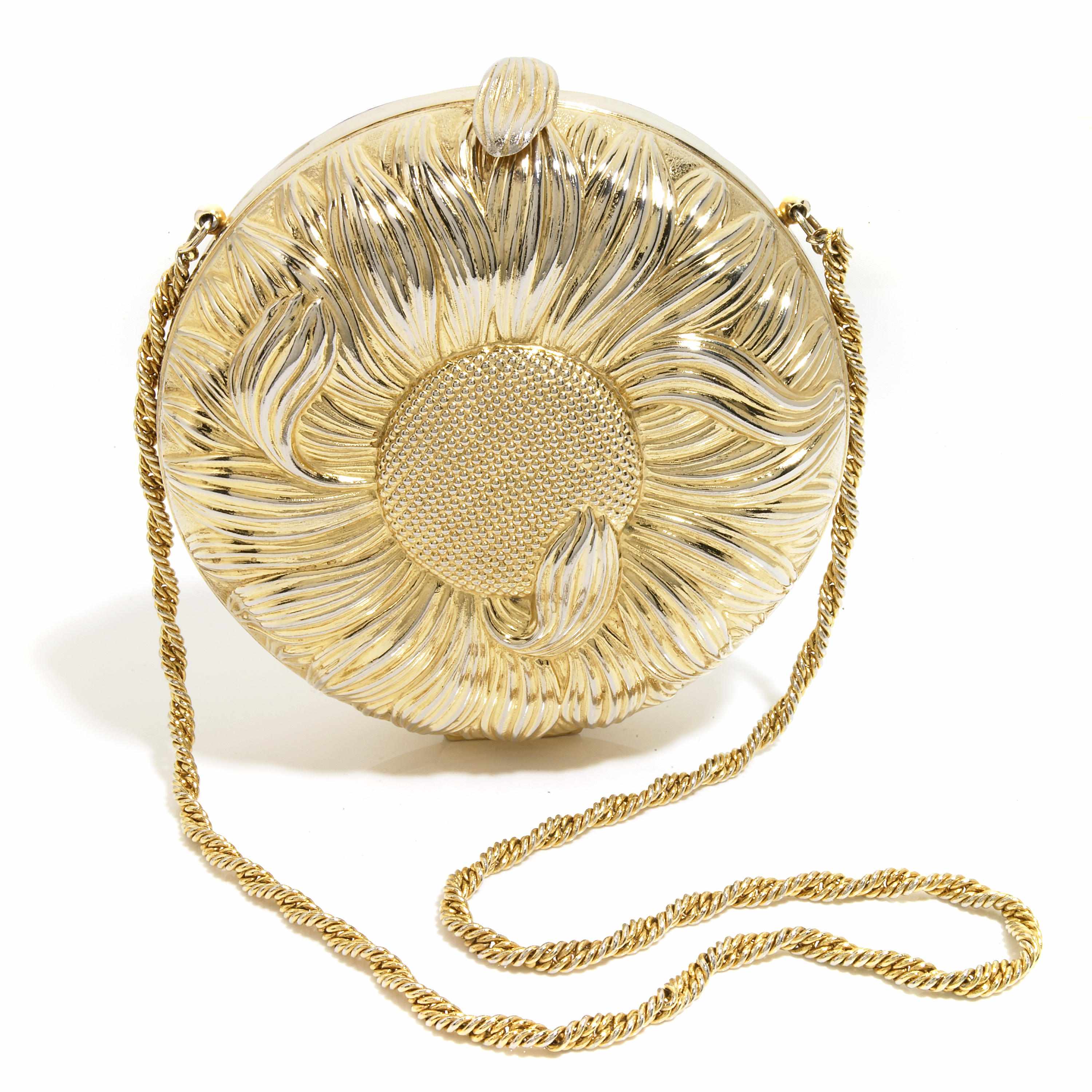 Appraisal: A gold colored embossed metal ''sunflower'' purse with attached strap