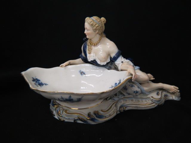 Appraisal: Meissen Porcelain Figural Sweetmeat Dish semi-nude lady cobalt gold floral