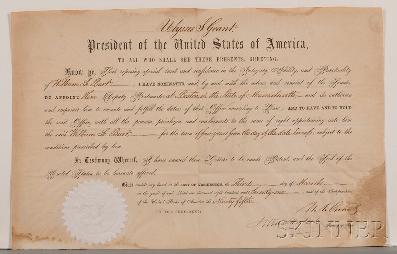 Appraisal: Grant Ulysses S - Signed document one page March rd