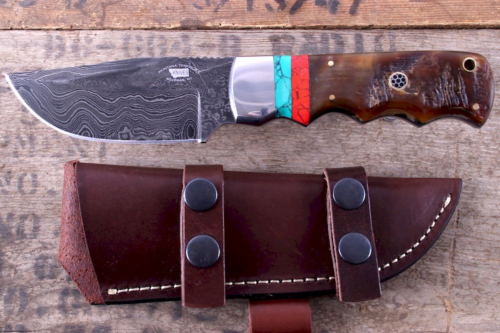 Appraisal: Montana Territory Knives Wave Damascus Turquoise This is an original