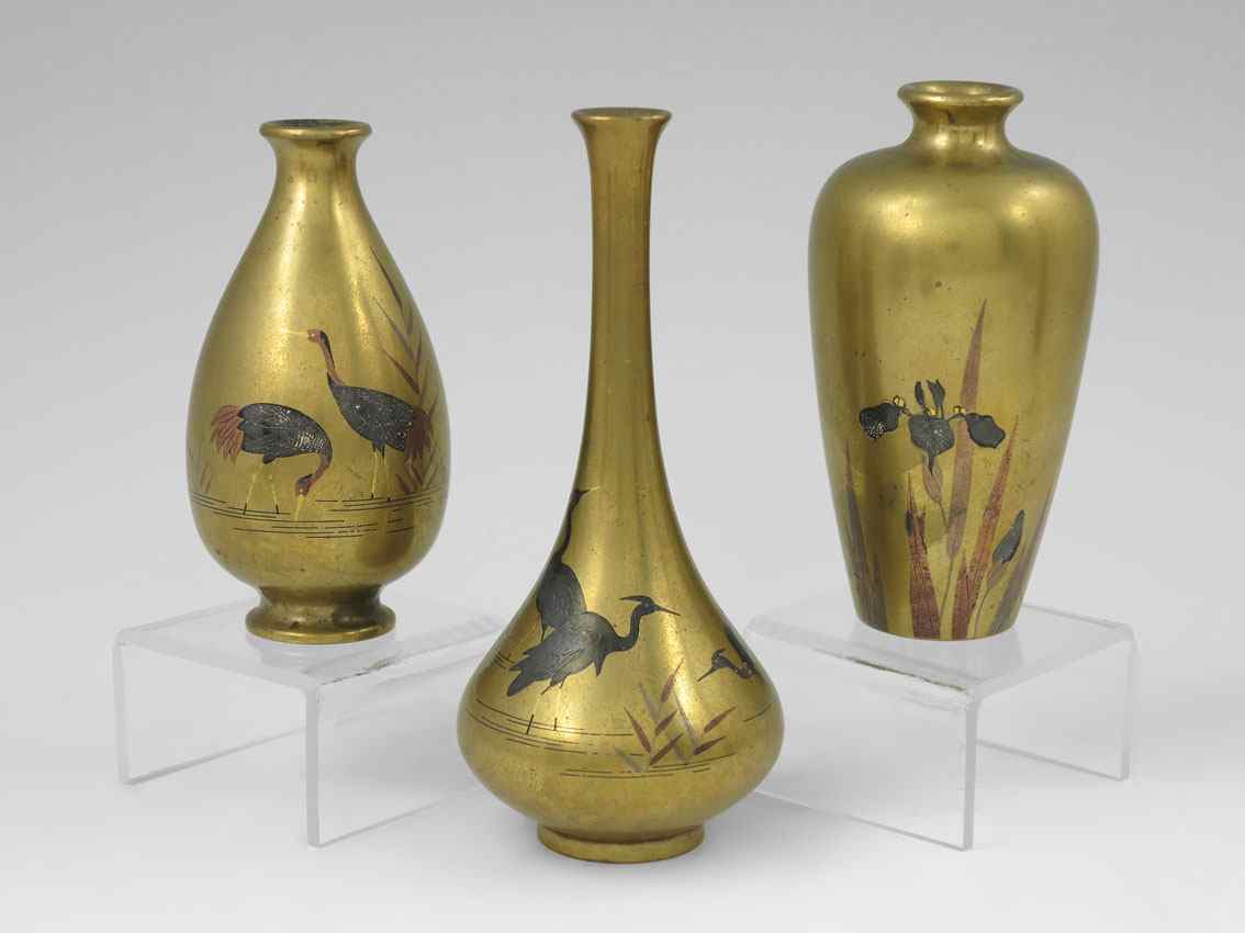 Appraisal: MINIATURE JAPANESE BRONZE VASES Each of a different form with