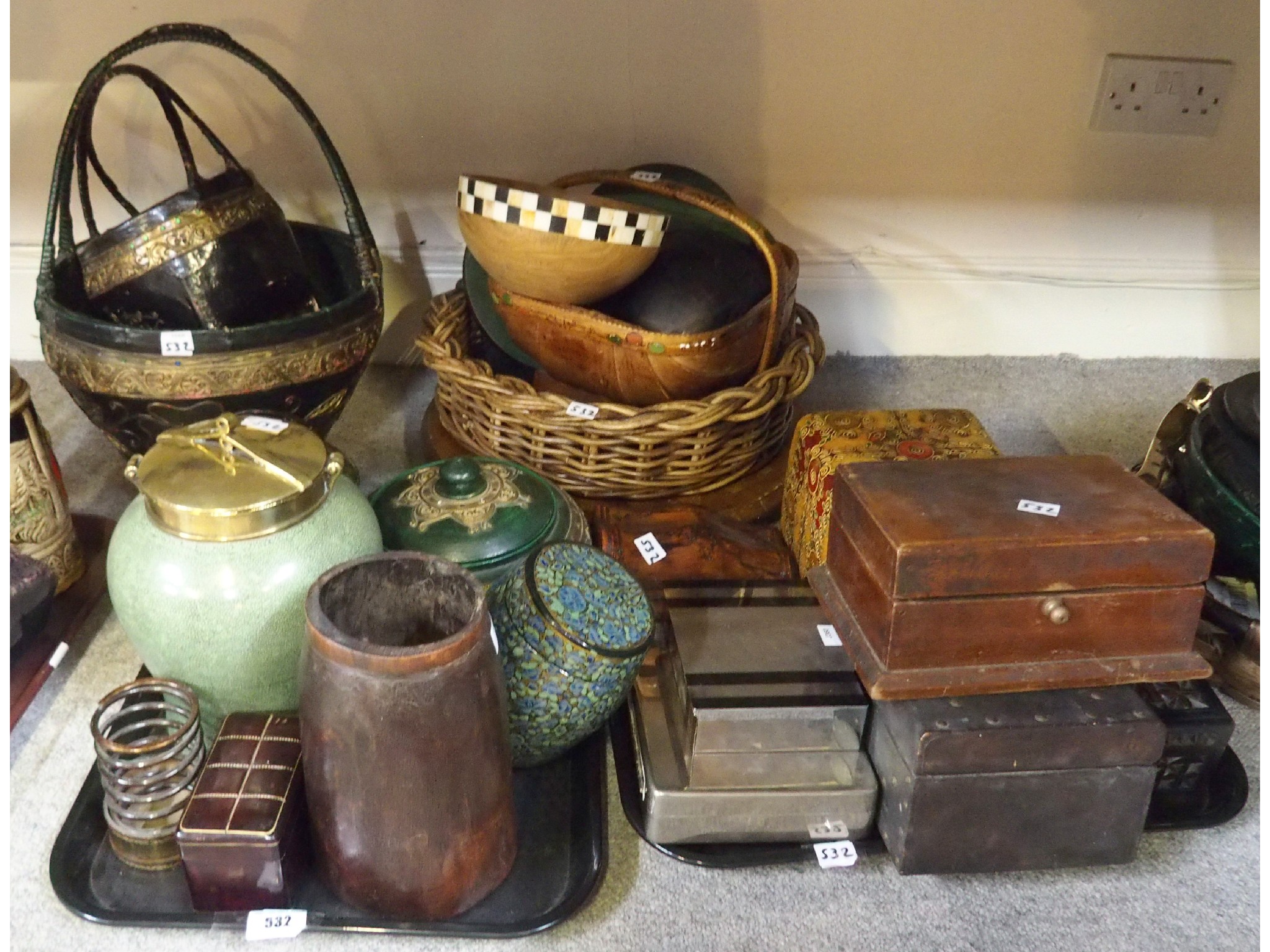 Appraisal: Lot comprising a quantity of assorted baskets boxes wooden bowls