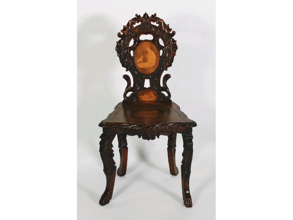 Appraisal: LATE NINETEENTH CENTURY SWISS CARVED AND INLAID WALNUTWOOD HALL CHAIR