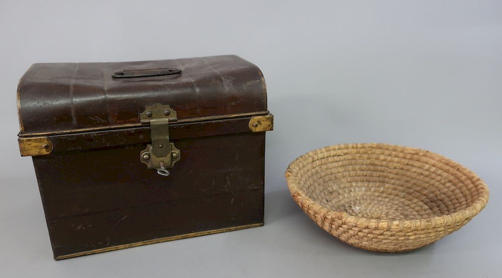 Appraisal: Tin Storage Box and a Rye Straw Basket Tin storage