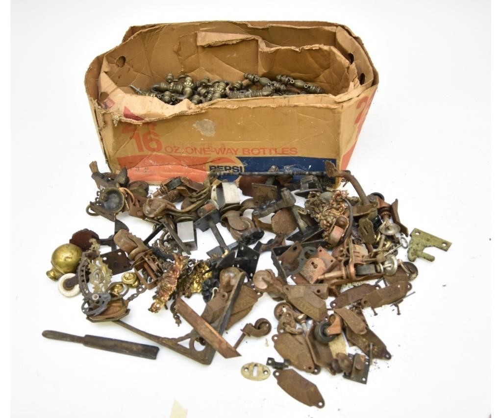 Appraisal: Two boxes of brass pulls shutter dogs latches oyster knife