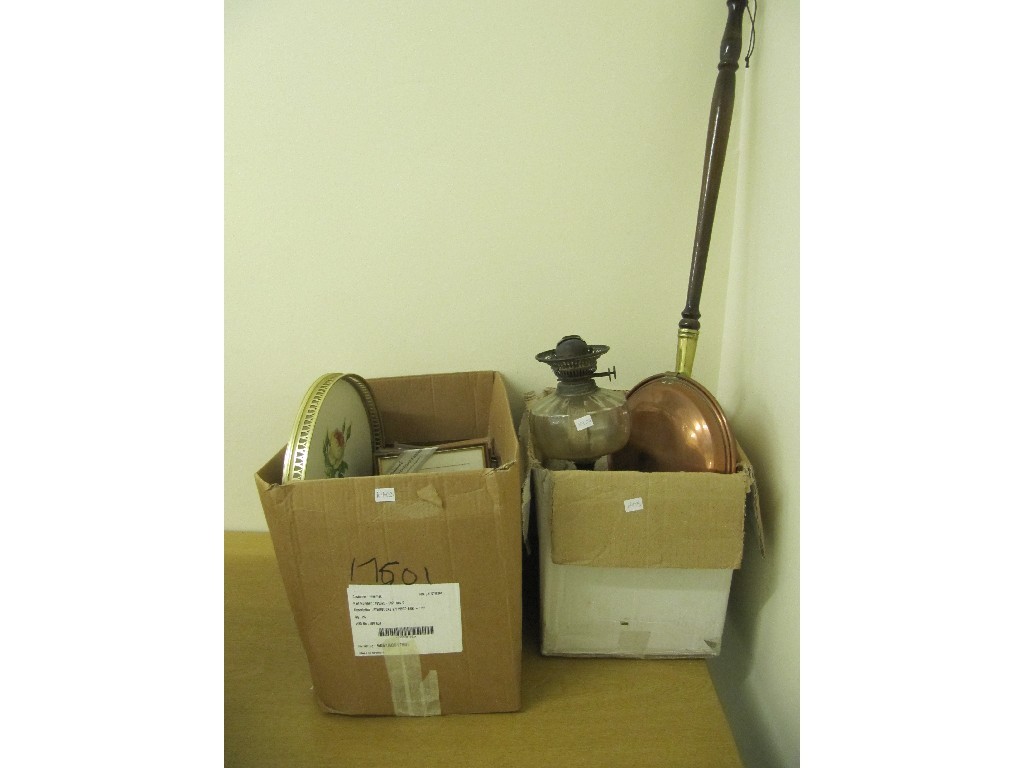 Appraisal: Two boxes of bric-a-brac bed warming pan oil lamp etc