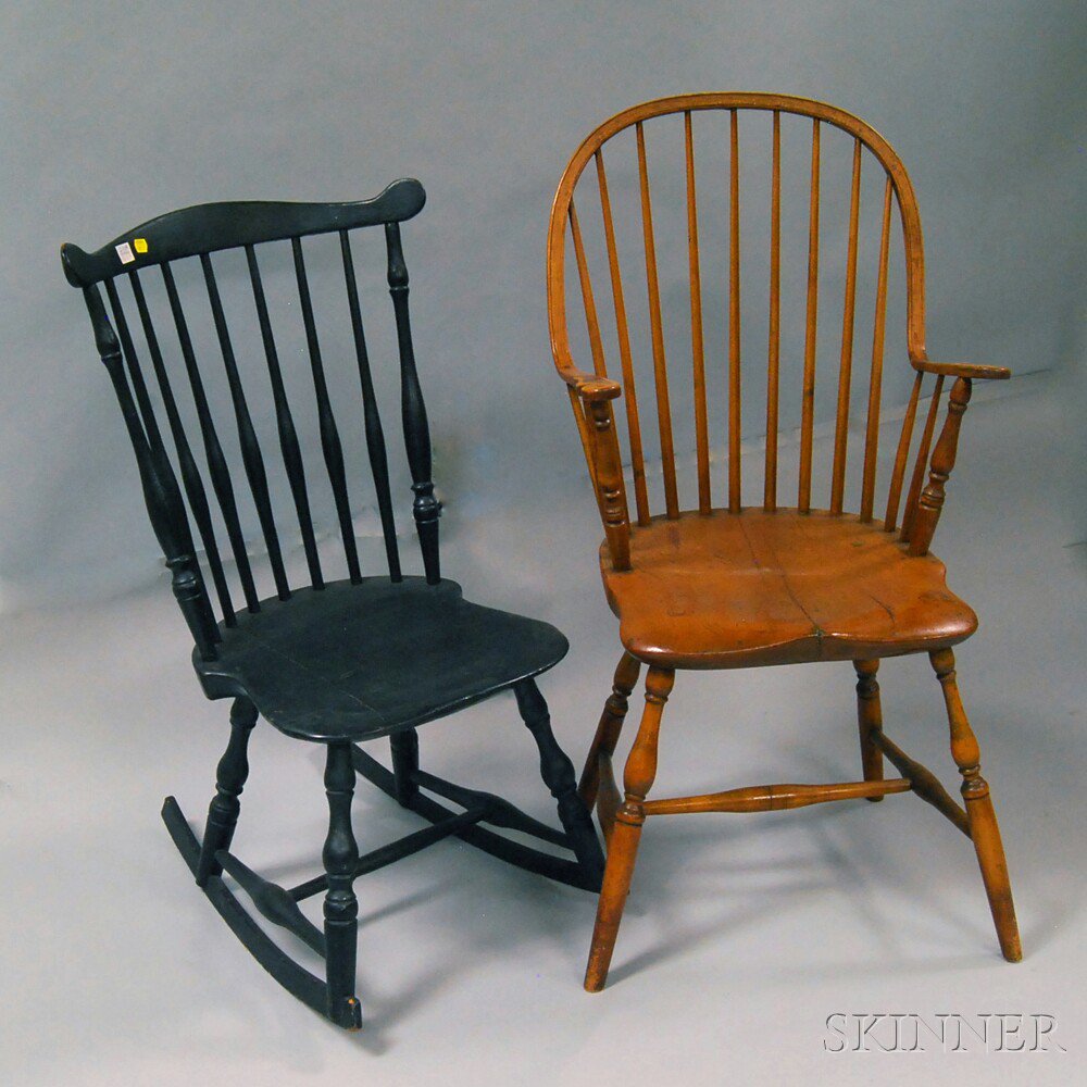 Appraisal: Two Windsor Chairs America late th century a black-painted fan-back