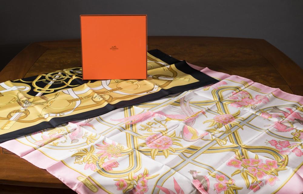 Appraisal: TWO HERMES PARIS SILK SCARVES Caraibes designed by Christiane Vauzelles