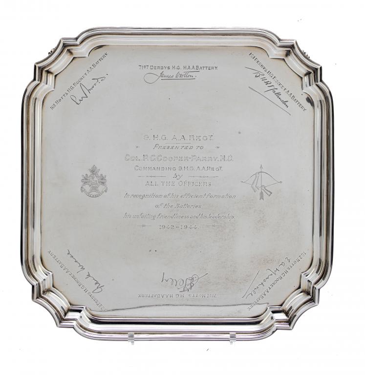 Appraisal: DERBYSHIRE A GEORGE VI SHAPED SQUARE SALVER engraved with the