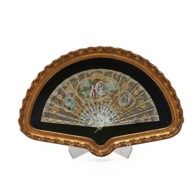 Appraisal: CONTINENTAL HAND-PAINTED FAN Lace with mother of pearl handle th