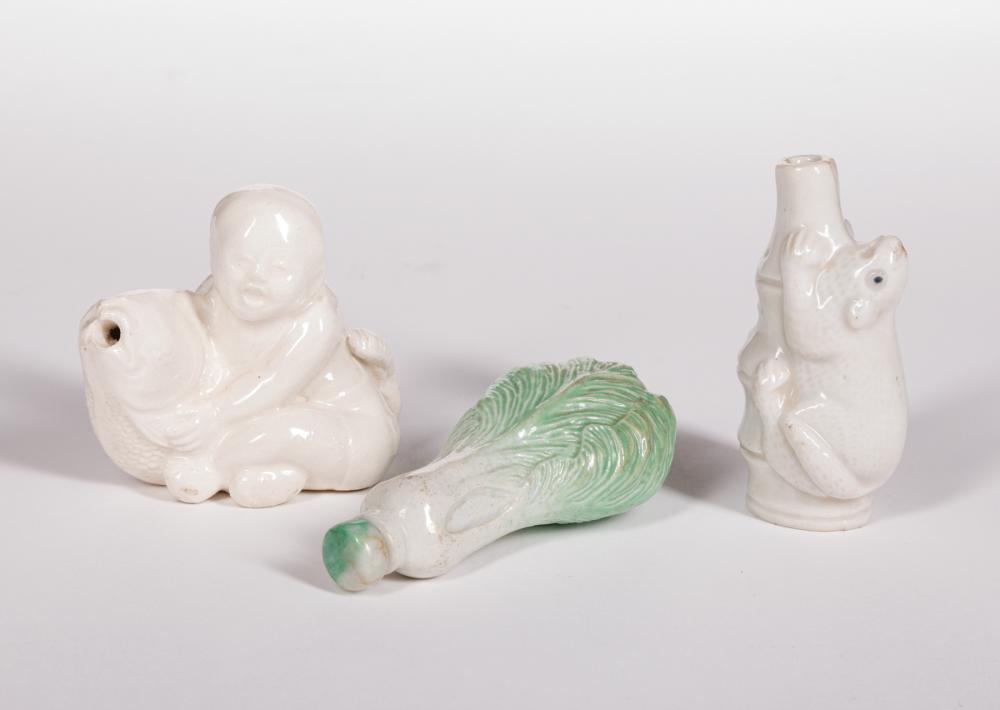 Appraisal: Three Chinese Molded Porcelain Snuff Bottles incl bok choy l