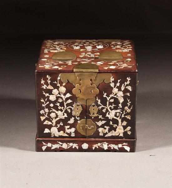 Appraisal: Chinese brass-mounted mother of pearl inlaid rosewood traveling box late