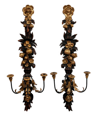 Appraisal: Pair carved wood and iron sconces gilt decoration each carved