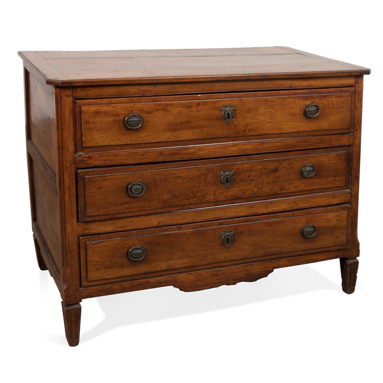 Appraisal: CONTINENTAL DIRECTOIRE THREE DRAWER WALNUT COMMODE French or Italian Directoire