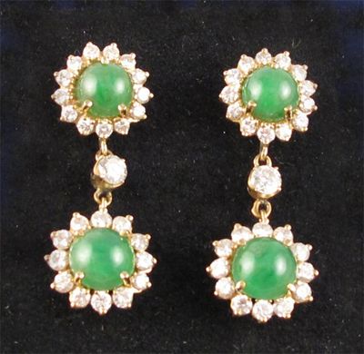 Appraisal: A pair of diamond and jade drop earrings Formed as