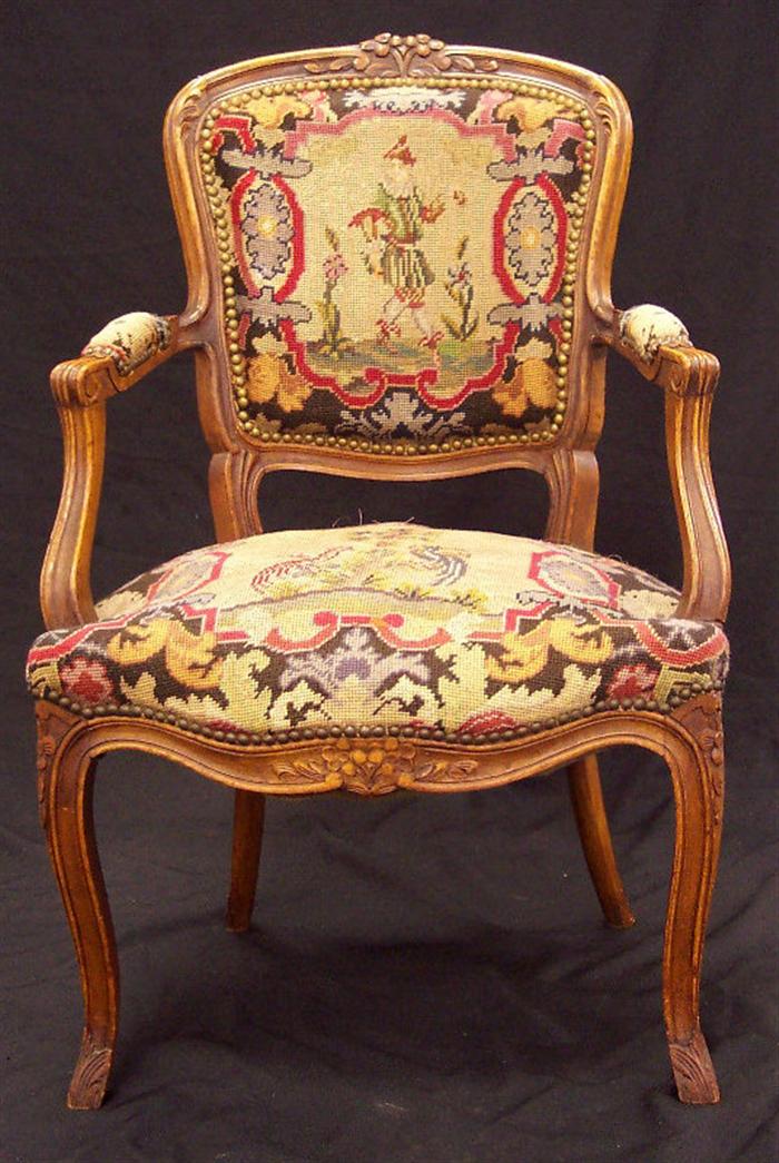 Appraisal: Pr carved walnut Louis XIV open armchairs with floral and