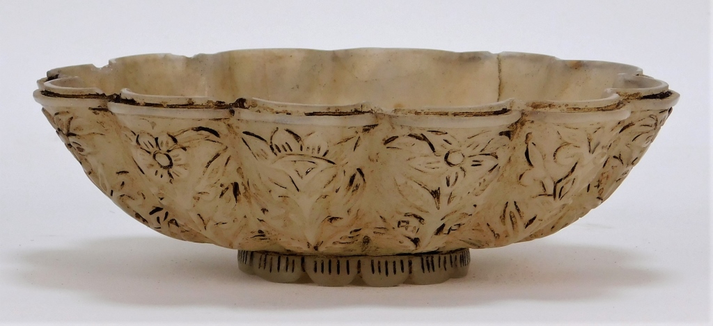 Appraisal: INDIAN INCISED CARVED JADE SCALLOPED BOWL India th CenturyLobed form