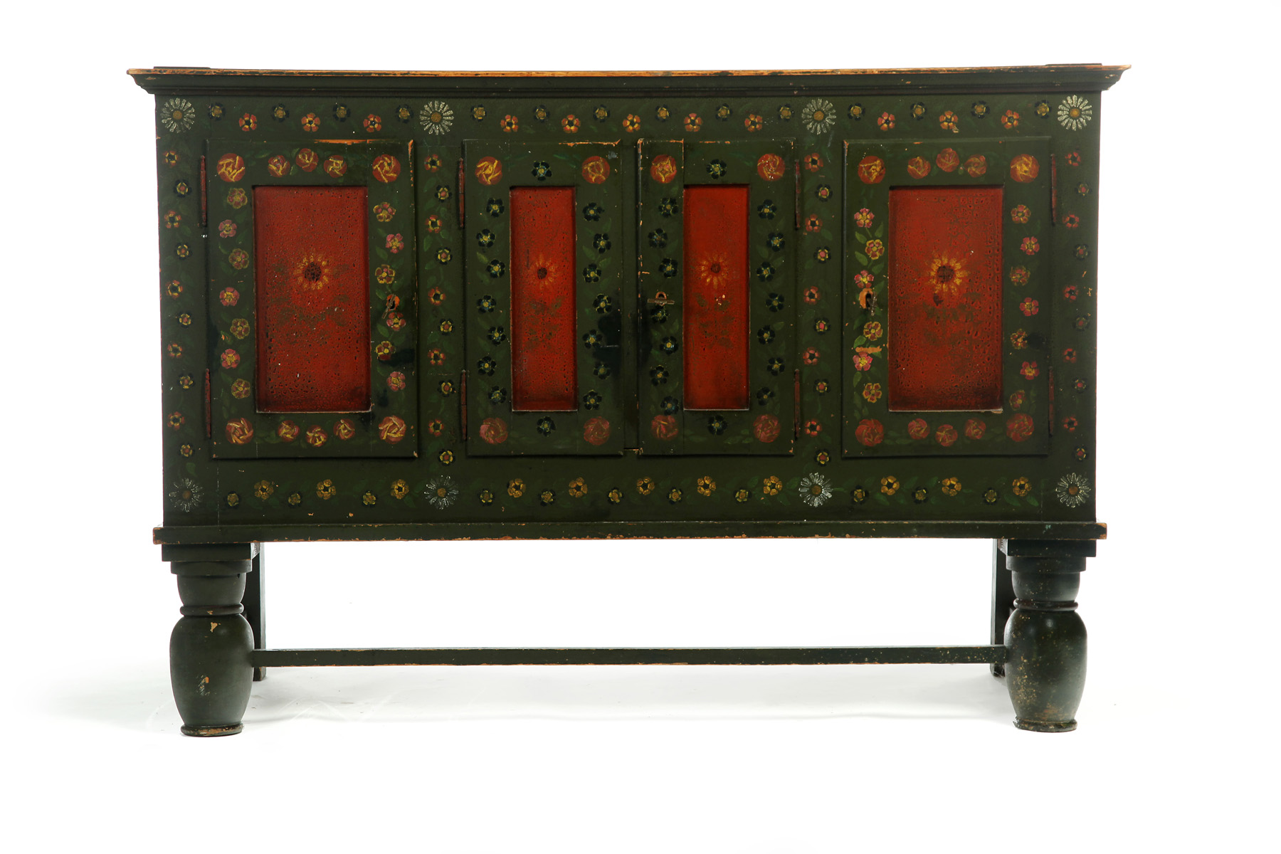 Appraisal: EUROPEAN DECORATED SERVER Nineteenth century pine Four paneled doors and