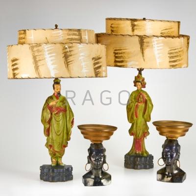 Appraisal: RETRO Pair of Asian figural polychrome plaster lamps mid th