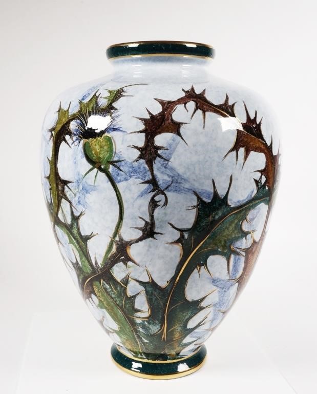 Appraisal: Signed Italian art pottery vase handpainted with thistle flowers and