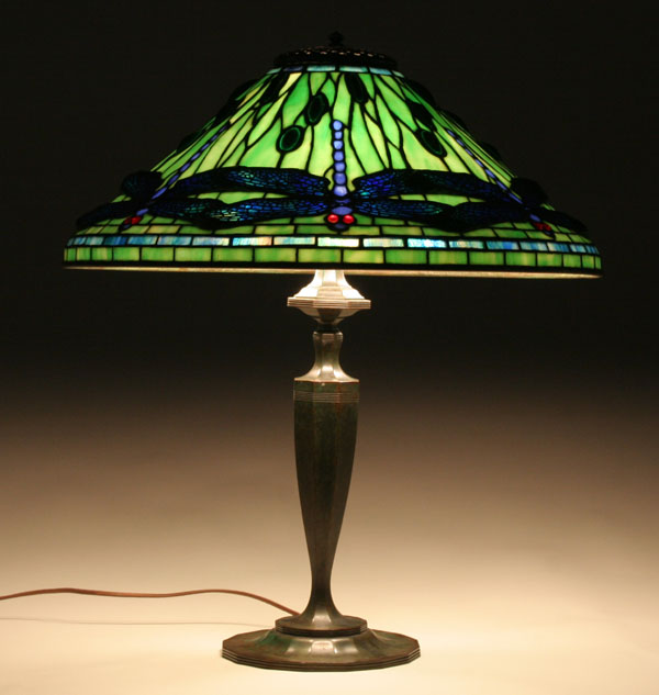 Appraisal: Leaded glass and bronze table lamp in the dragonfly pattern