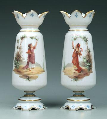 Appraisal: Pair glass vases white glass with painted decoration petal rims