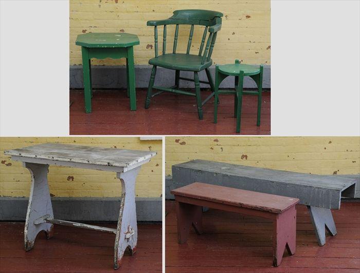 Appraisal: Two Painted Benches Green-Painted Windsor Chair Two Side Tables and