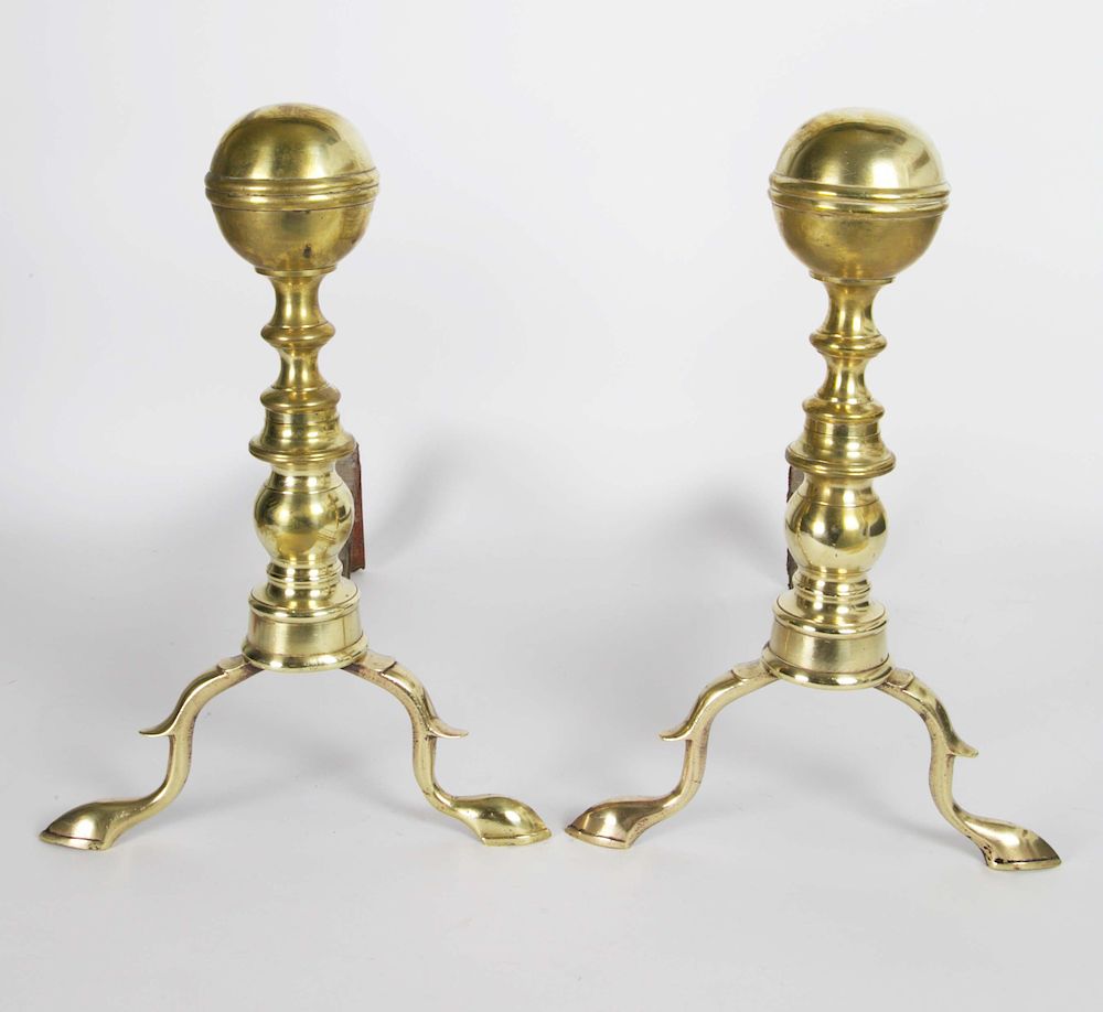 Appraisal: Pair Early th Century Brass Boston Ball Top Andirons Pair