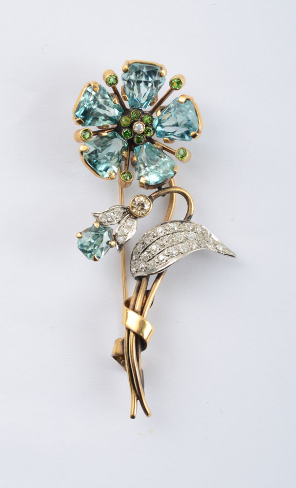 Appraisal: RETRO PLATINUM K GOLD BLUE ZIRCON DIAMOND AND DEMANTOID FLOWER