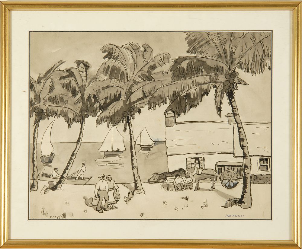 Appraisal: JANE PETERSONAmerican - Bayside Activity with Donkey Cart Signed lower