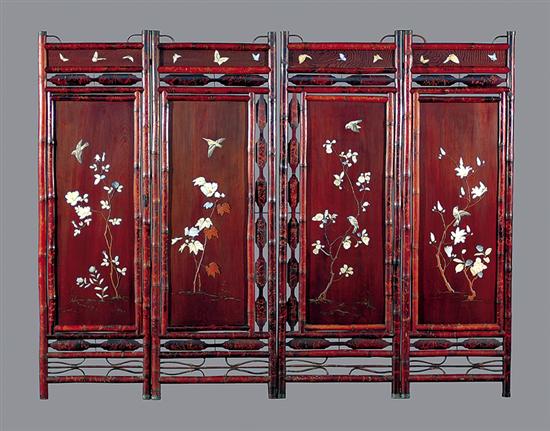 Appraisal: Japanese painted bamboo and mother-of-pearl four-panel screen Meiji period late