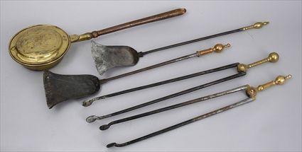 Appraisal: WOOD-HANDLED ENGRAVED BRASS WARMING PAN AND FOUR FIRE TOOLS to